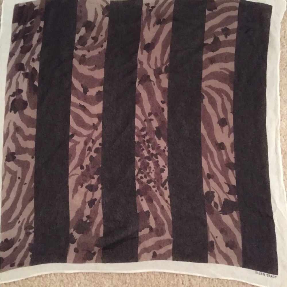 Ellen Tracy 18 1/2" Sq Sheer Scarf Hand Rolled Hem, browns, blacks and Creme